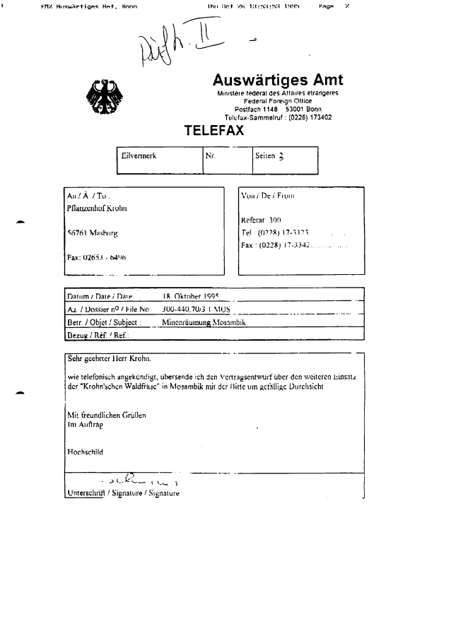 Faxdeckblatt von Herrn Hochschild